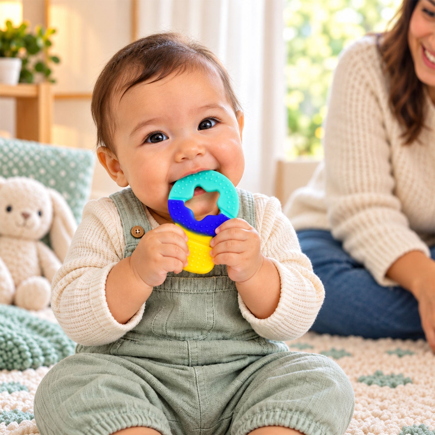 A happy baby in overalls chews on a colorful star-shaped teether with a parent smiling in the background.