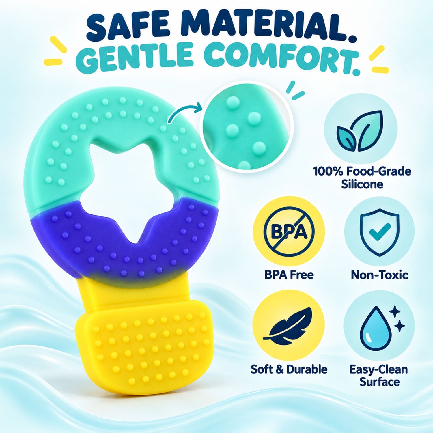 A graphic highlights the teether's safe material, noting it is 100% food-grade silicone, BPA-free, non-toxic, soft, durable,