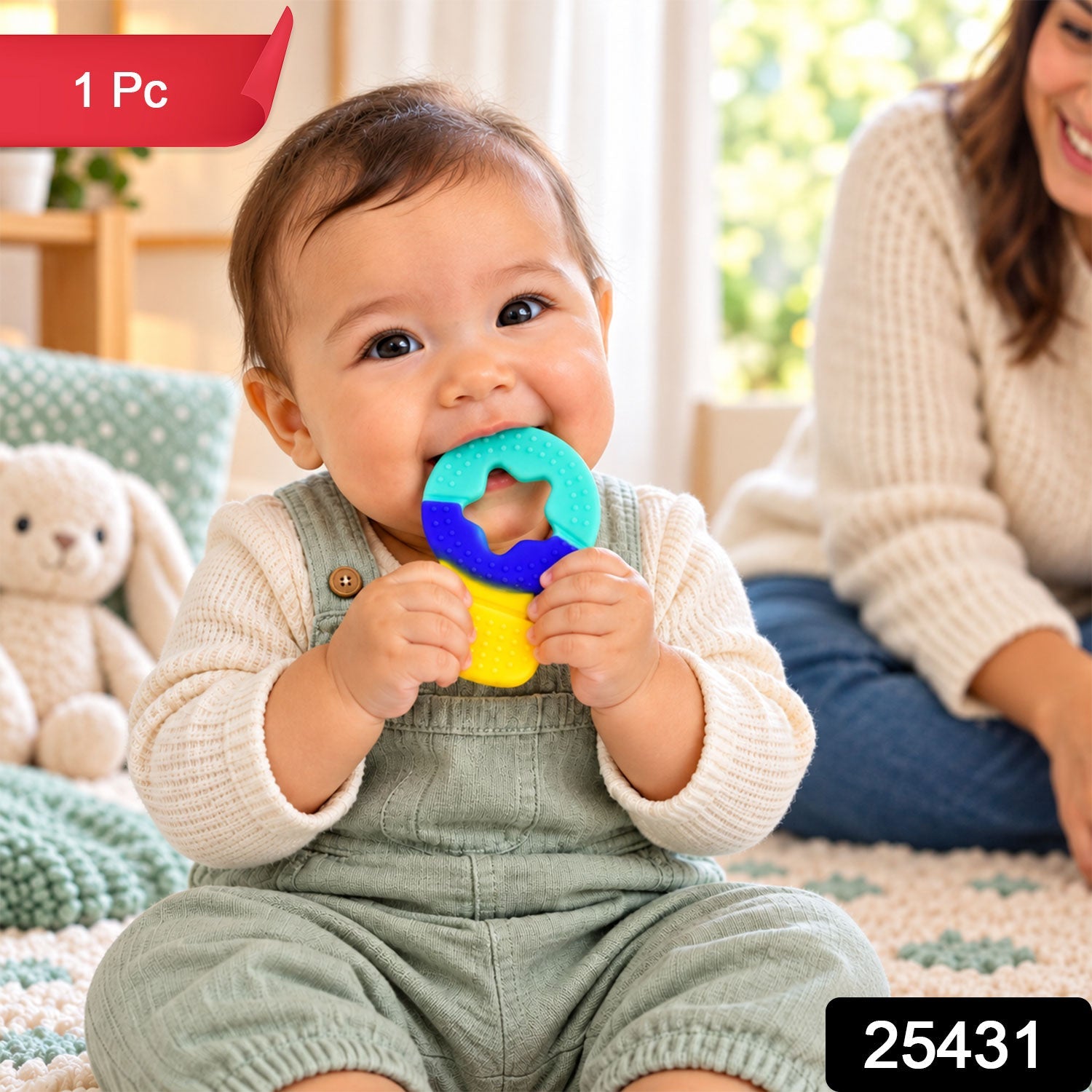 A baby holds a blue, purple, and yellow star teether, with a white bunny plush toy nearby on a patterned rug.