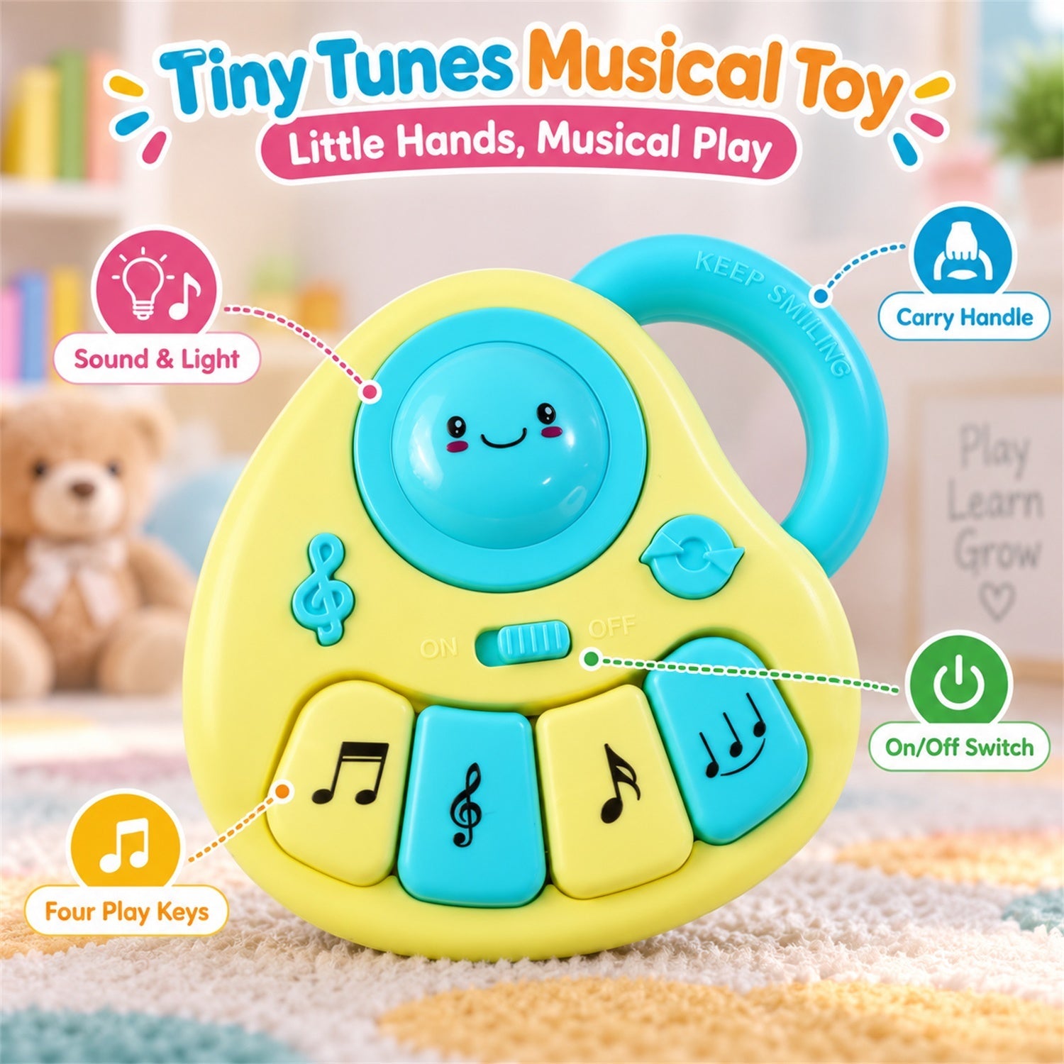 Yellow and blue musical toy with callouts for sound, light, carry handle, on/off switch, and four play keys.