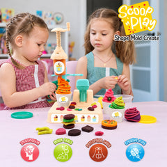 Two young girls playing with the dough ice cream maker set, creating colorful dough desserts on a pink tablecloth.