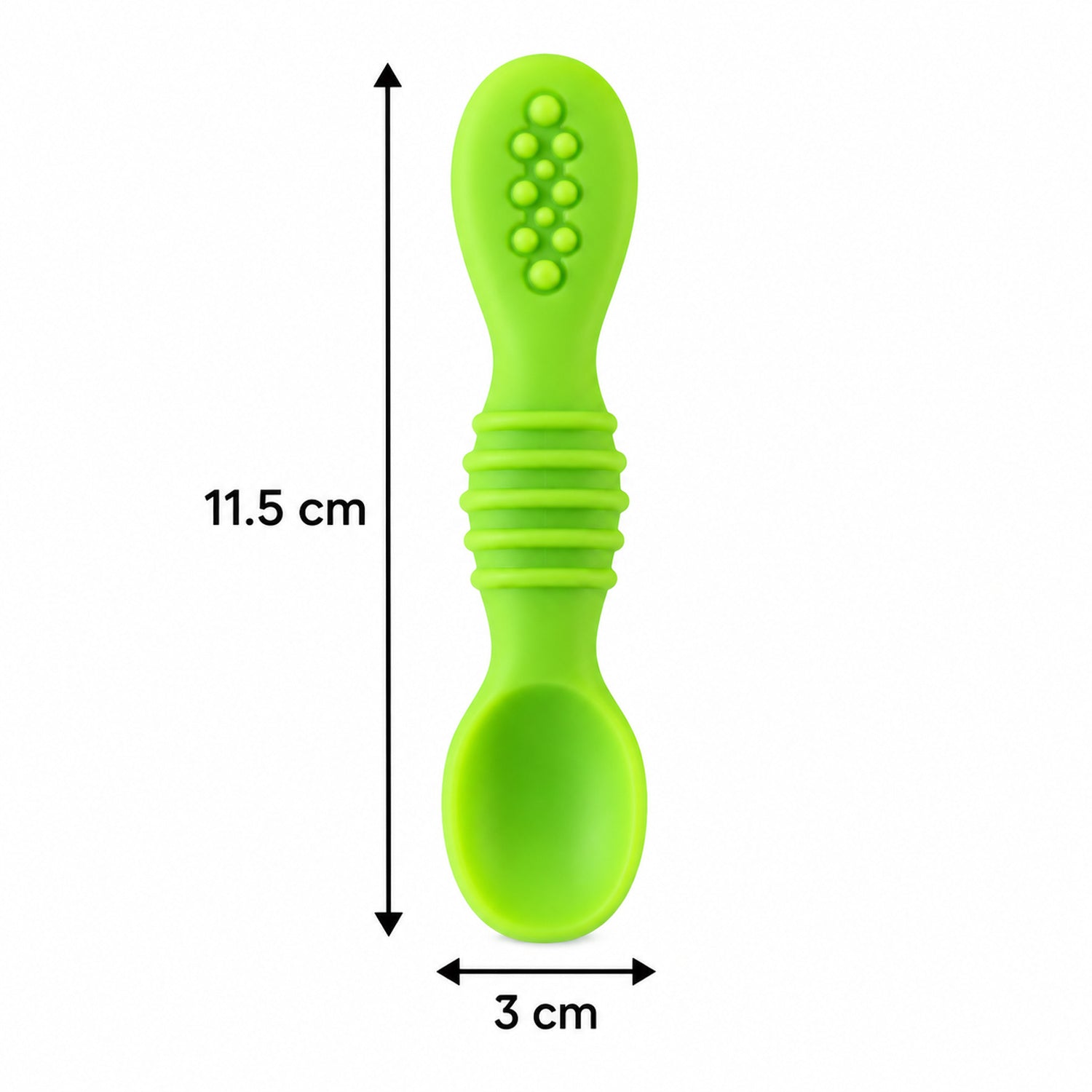 A single green silicone baby spoon with a solid head, displaying its length of 11.5 cm and width of 3 cm.