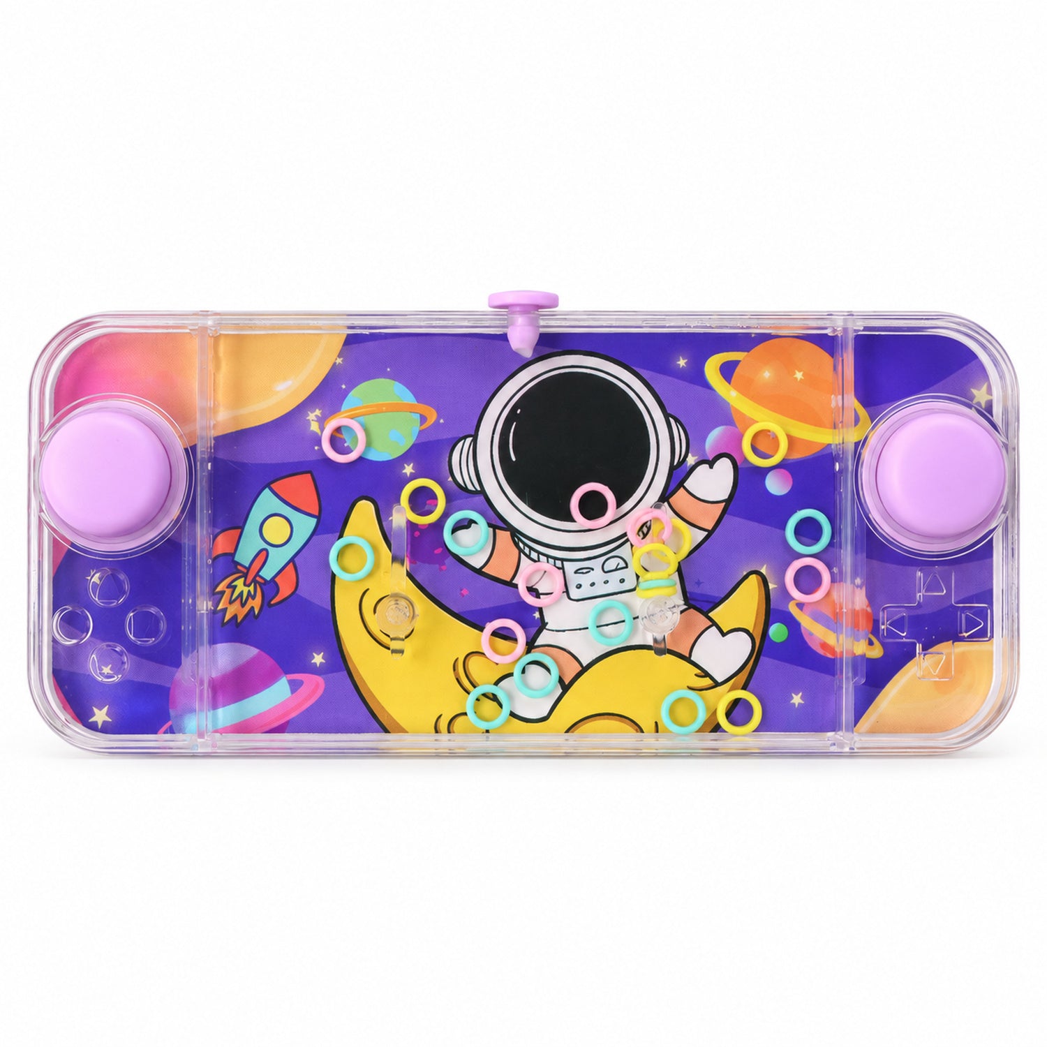 The purple water game with an astronaut, planets, and floating rings is centered against a plain white background.