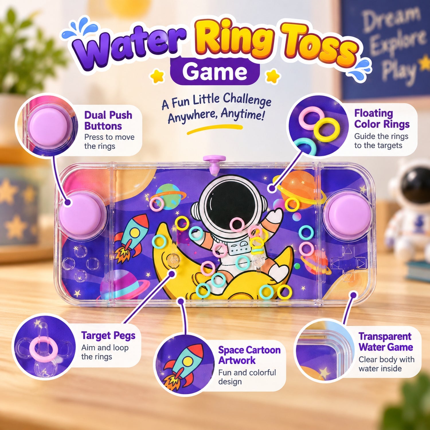 A detailed infographic highlights features of the water ring toss game, including buttons, rings, and artwork.
