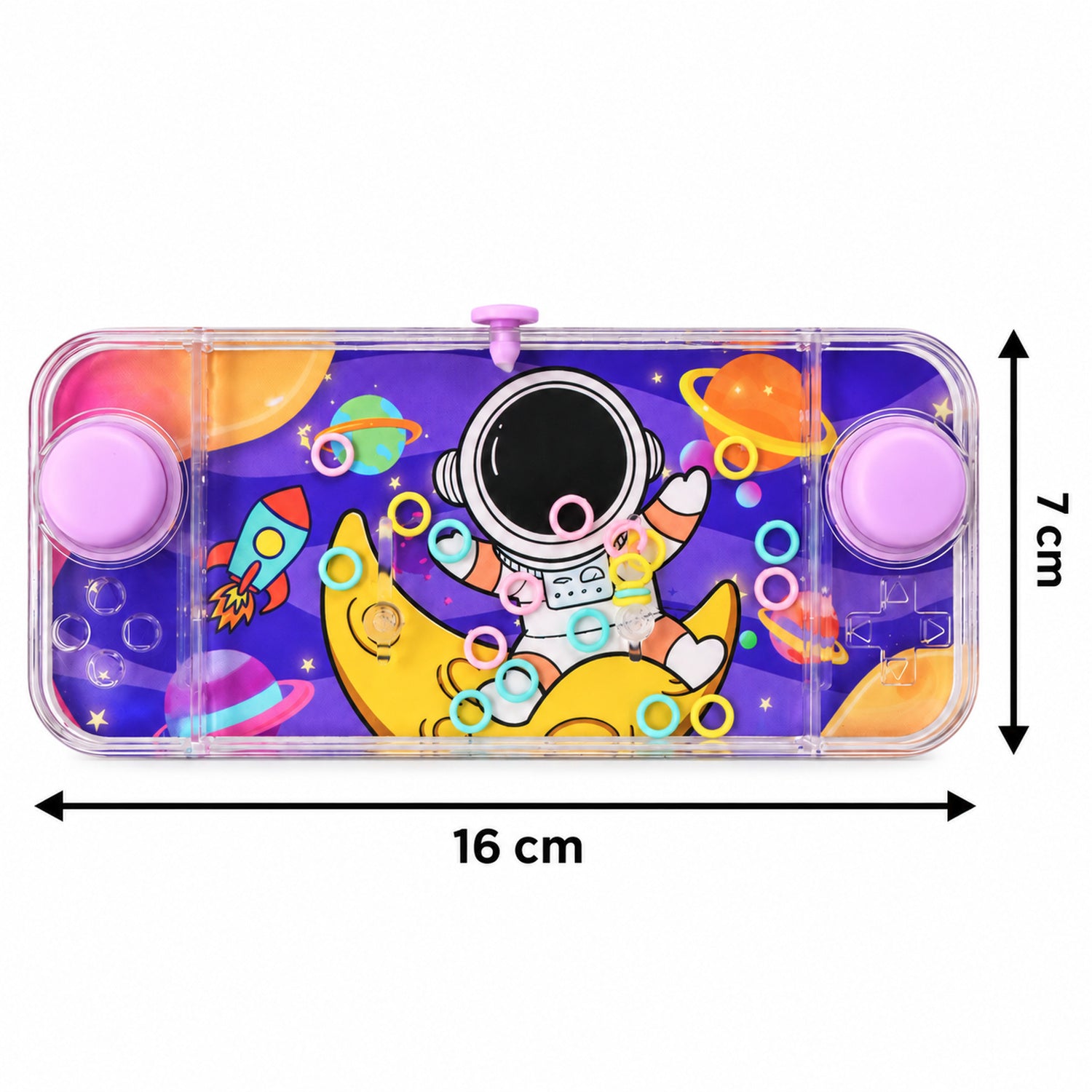 The purple water game with astronaut design and pink buttons, displaying its dimensions of 16 cm by 7 cm.