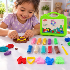 A smiling girl uses a yellow fish mould on brown clay, with a green case and colorful clay packs nearby.