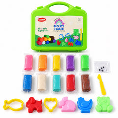 A green case, ten colorful clay packs, six plastic moulds, a yellow tool, and googly eyes are arranged on a white surface.