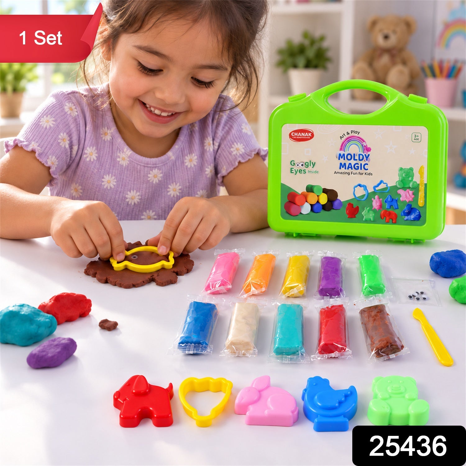 A smiling girl uses a yellow fish mould on brown clay, with a green case and colorful clay packs nearby. â€“ view 2