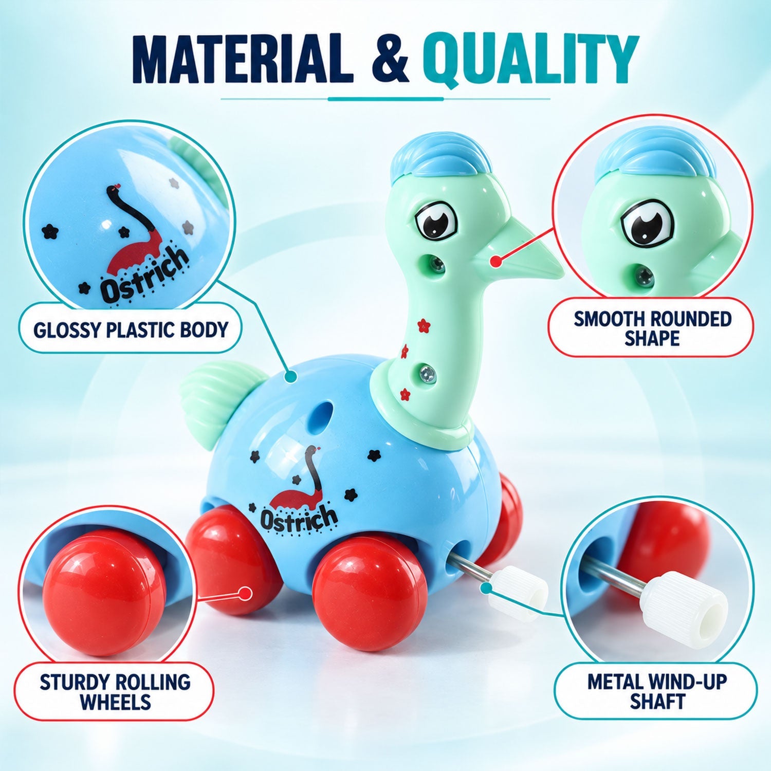 Twelve colorful wind-up animal toys, including lions, snails, hippos, tigers, and ostriches, are arranged on a white