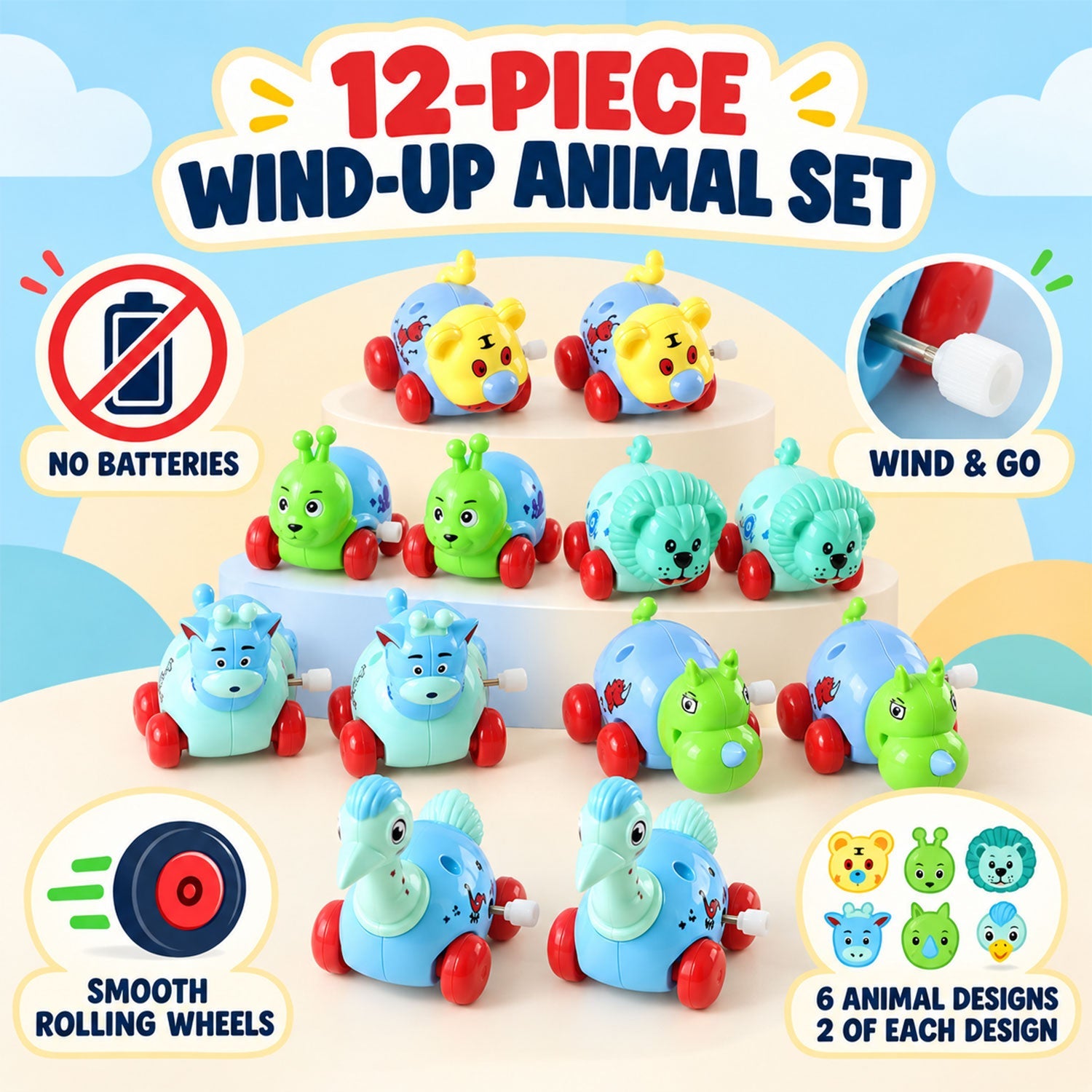 A close-up view of twelve different wind-up animal toys in various colors, including blue, yellow, and green, with red