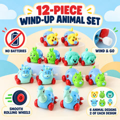 A close-up view of twelve different wind-up animal toys in various colors, including blue, yellow, and green, with red