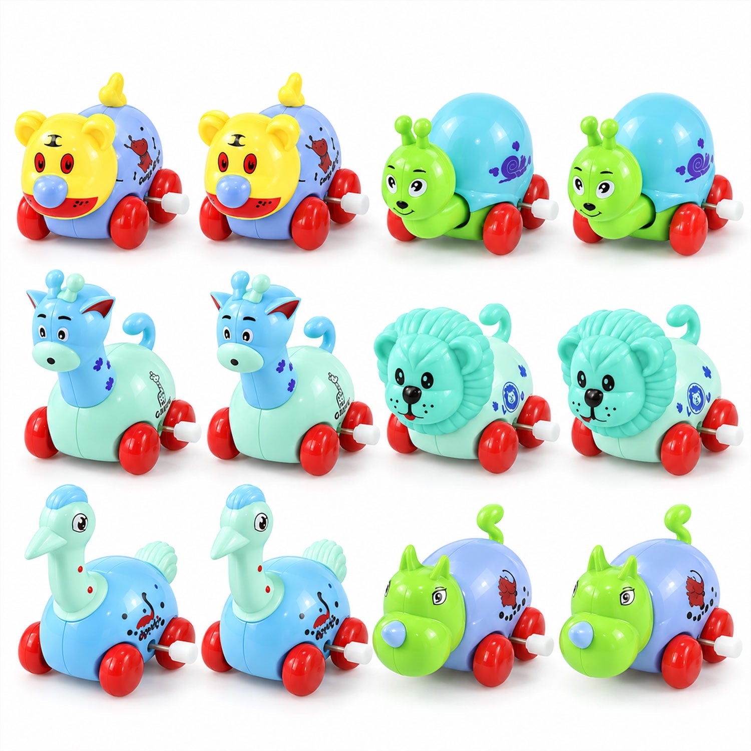 Twelve wind-up animal toys are displayed in a white plastic tray in front of their colorful product box featuring cartoon