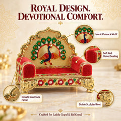 An infographic highlighting the features of the gold and red throne, including peacock art and velvet seating.