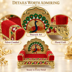 A detailed view of the gold and red throne, showcasing its peacock art, floral craft, and velvet comfort.