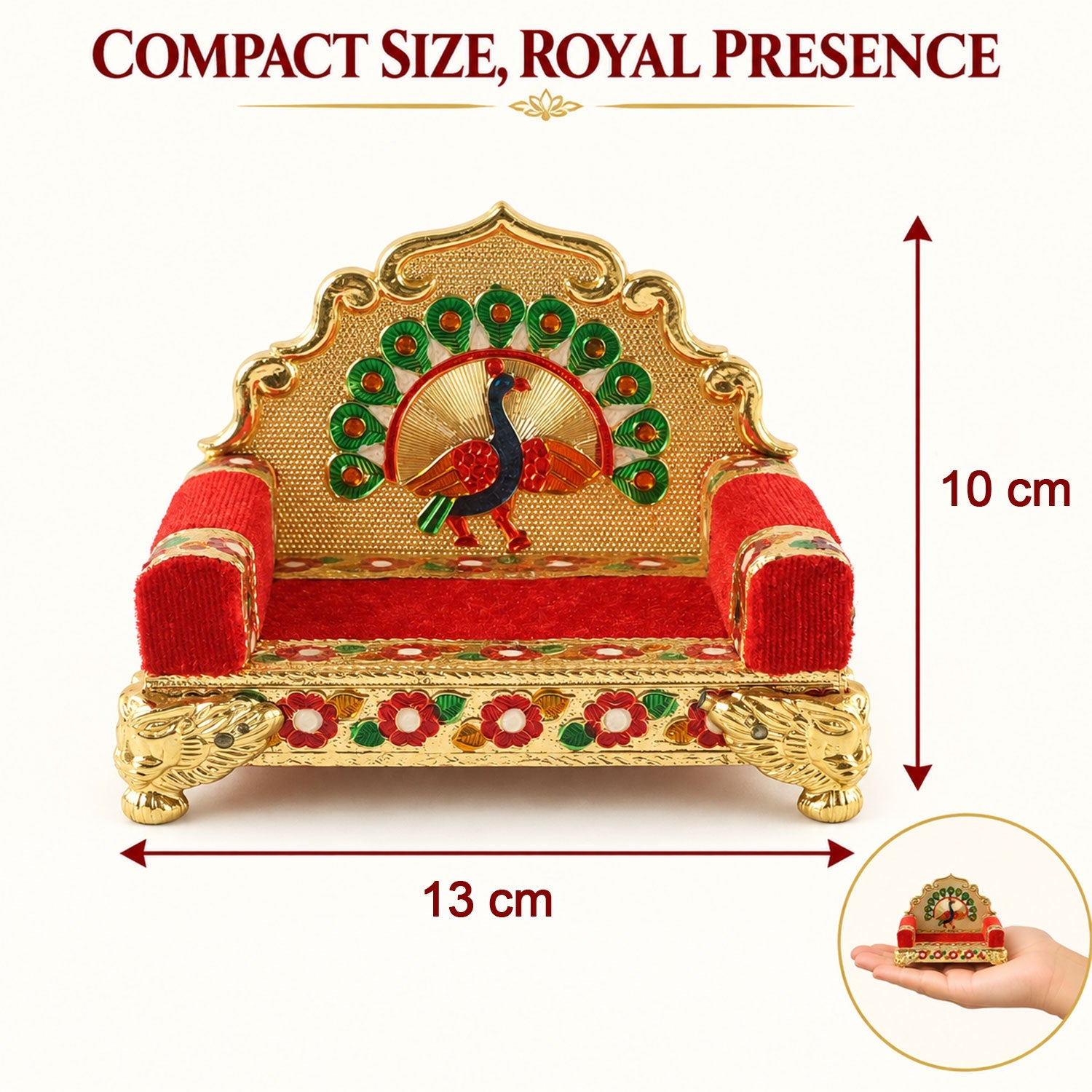 A gold and red throne with a peacock design, displaying its dimensions of 10 cm height and 13 cm width.