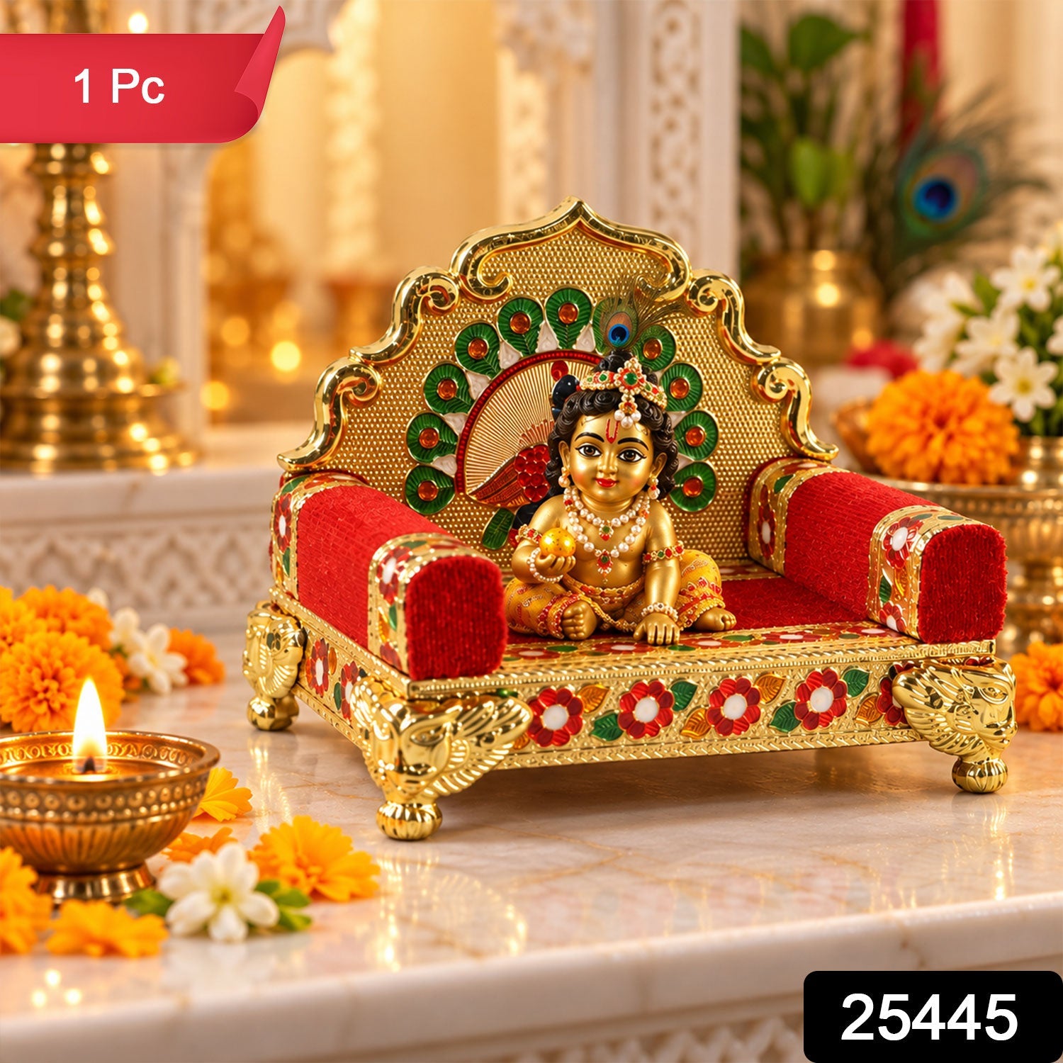 A gold and red throne with a peacock design, surrounded by marigold flowers and a lit candle.