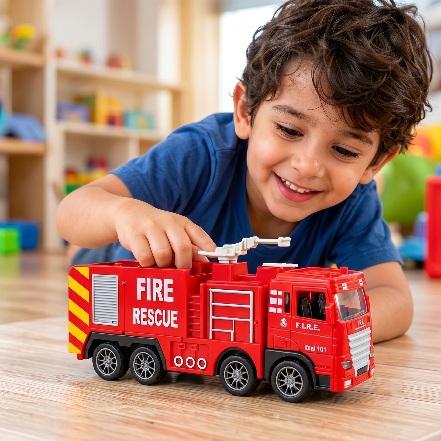 A child's hands playing with a red plastic fire truck toy on a wooden floor, smiling at the camera.