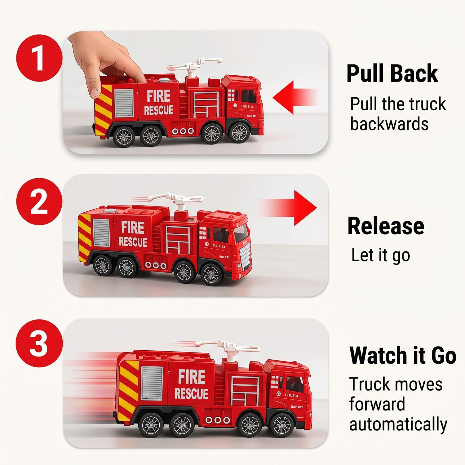 Three sequential images demonstrating the pull-back action of the red plastic fire truck toy.