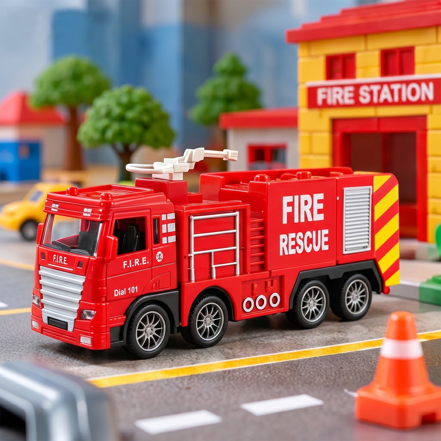 A red plastic fire truck toy on a miniature street scene with a yellow fire station building in the background.