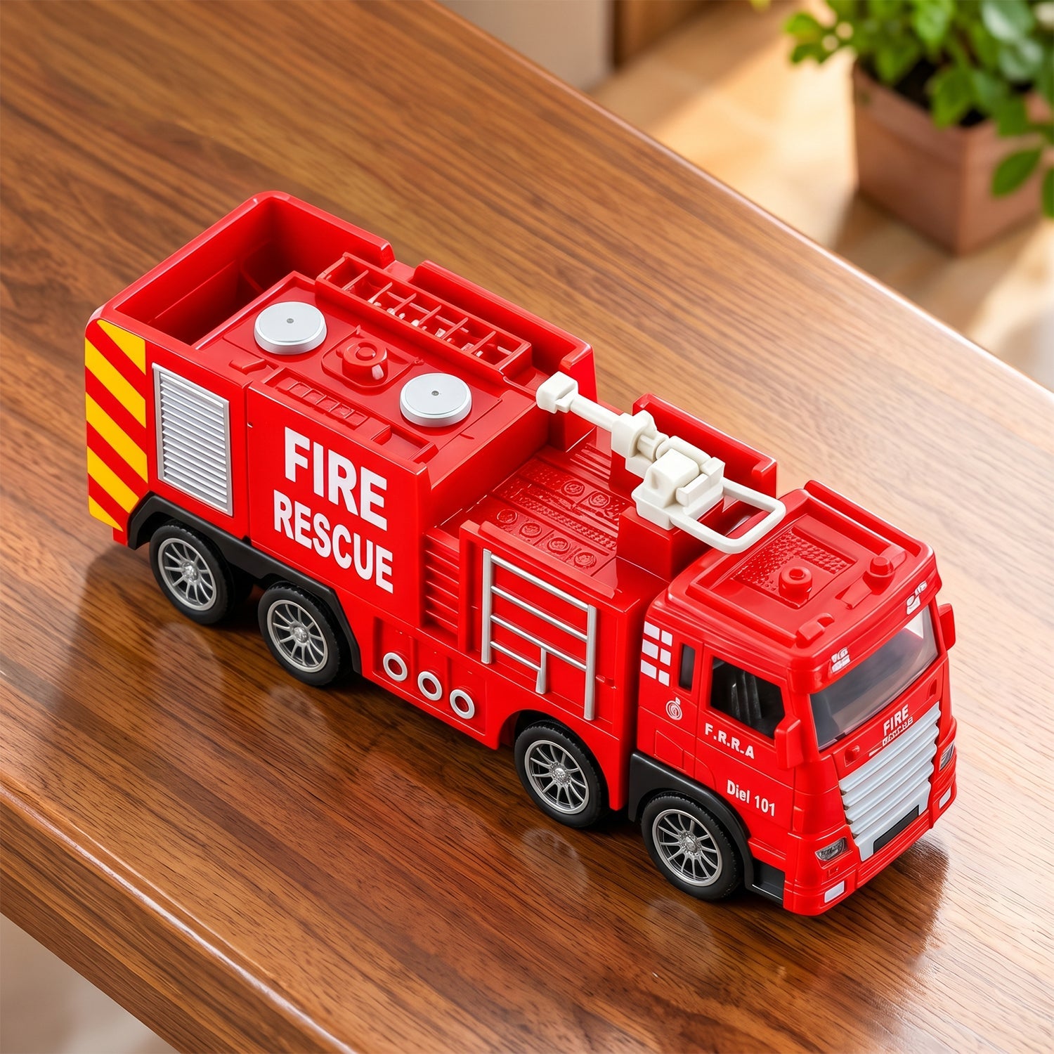 A red plastic fire truck toy with a white ladder on top, sitting on a polished wooden table.