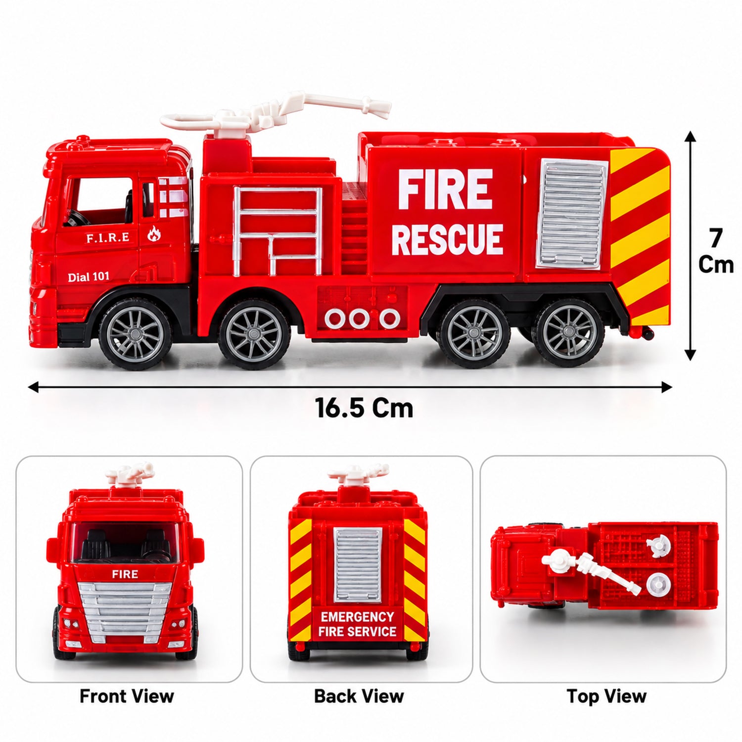 Three views of the red plastic fire truck toy: front, back, and top, with dimensions indicated.