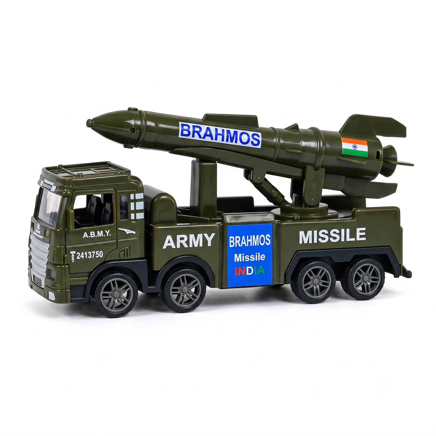 A green toy army truck with a missile launcher on its back is shown from the side against a white background.