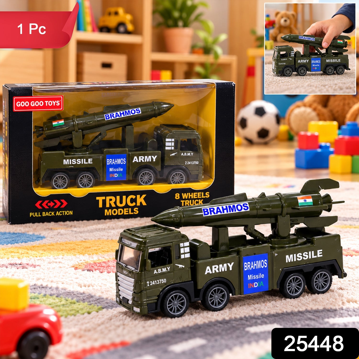 A green toy army truck with a missile launcher on its back sits on a colorful rug, with a small inset image showing it in