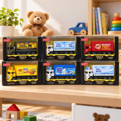 Six different colored toy trucks with various brand logos are displayed in their individual packaging on a wooden shelf.