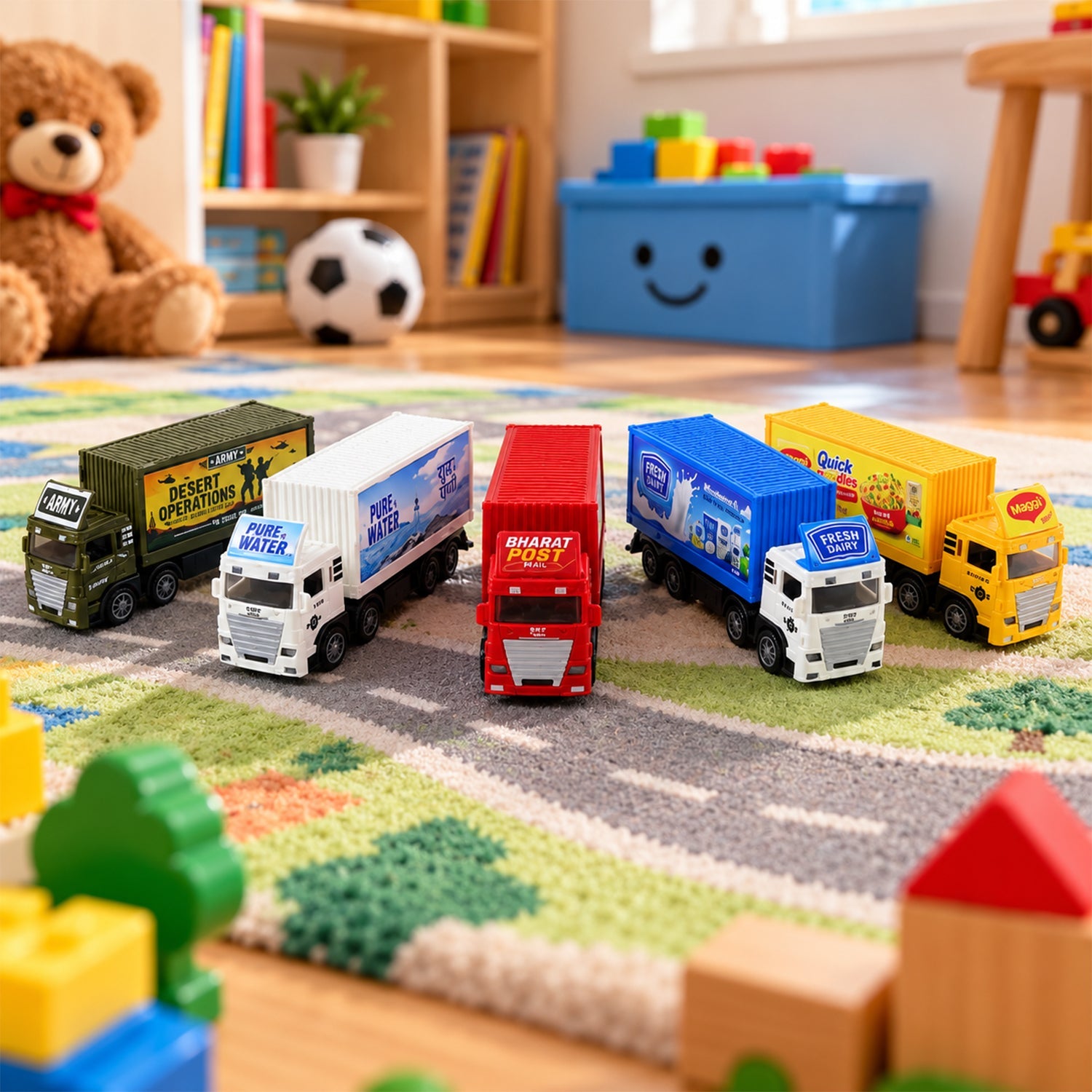 Six toy trucks in different colors and designs are arranged on a patterned rug, surrounded by small wooden blocks and a