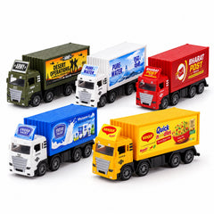 Six colorful toy trucks, each with a distinct design and brand logo, are displayed in a diagonal line on a white surface.