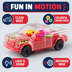 A transparent red toy pickup truck with colorful moving gears, featuring a clear body, lights, sound, and motorized drive.