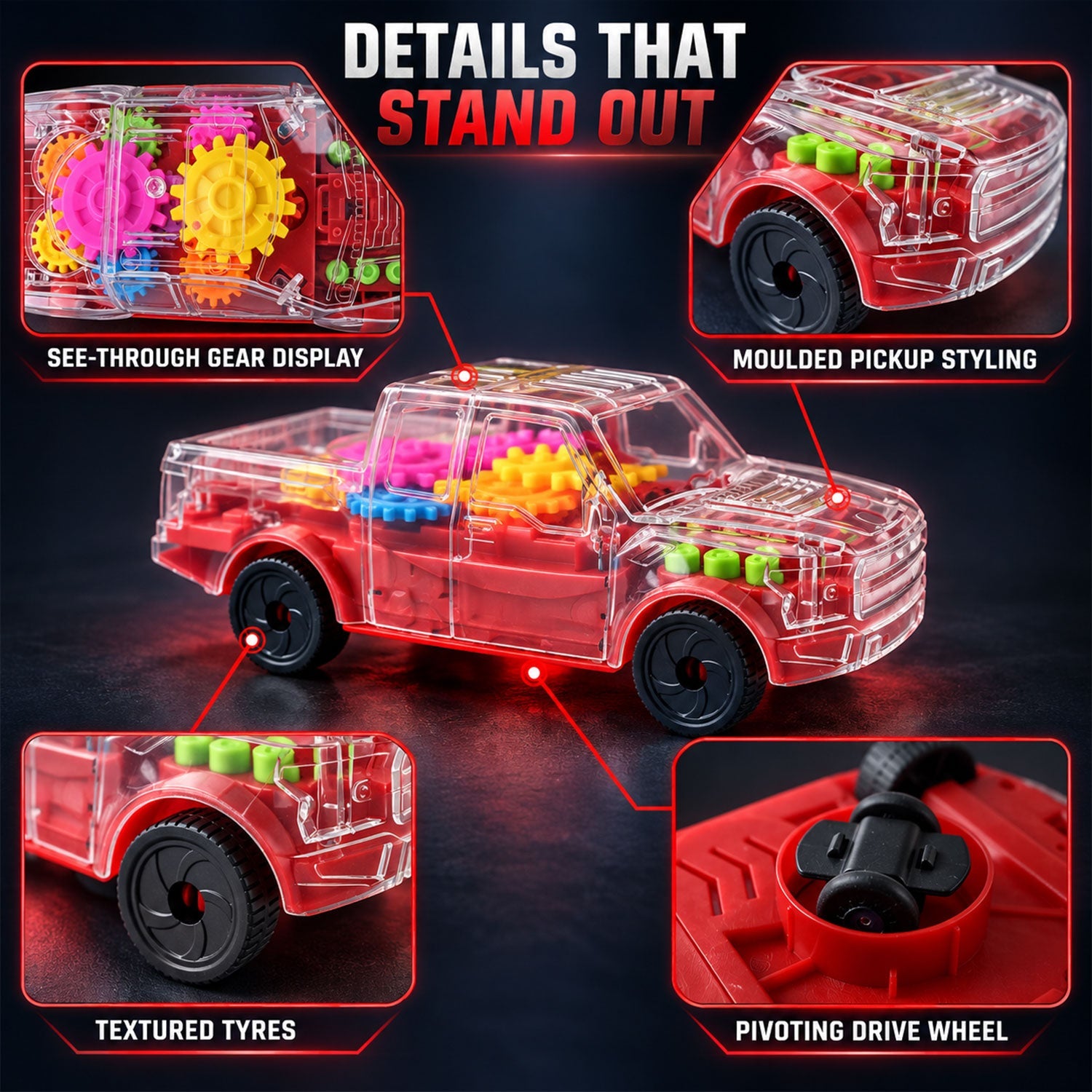 A transparent red toy pickup truck showcasing its see-through gear display, molded styling, textured tires, and pivoting