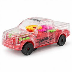 A transparent red toy pickup truck with visible yellow, pink, and green internal gears on a white background.