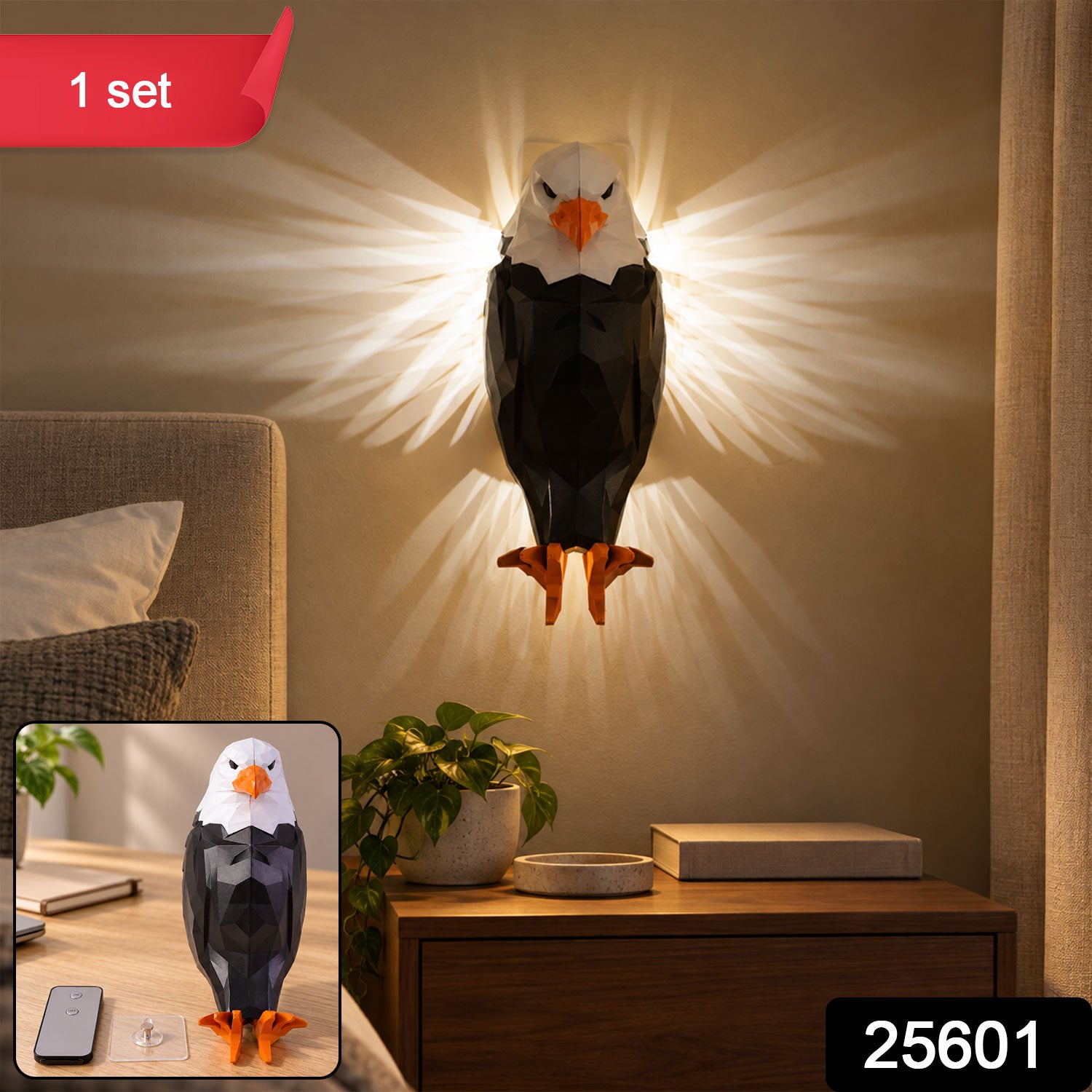 A geometric black and white eagle wall light with orange feet and beak, casting light on a bedroom wall.