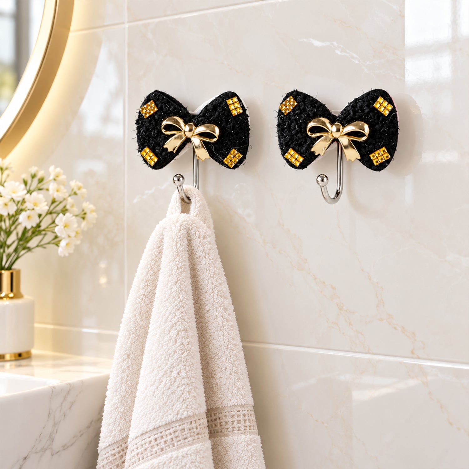 Two black bow-shaped hooks with gold details on a tiled bathroom wall, one holding a cream-colored towel.