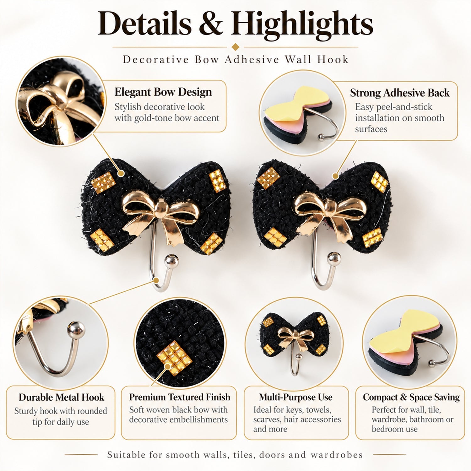 A collage of close-up images highlighting the design, adhesive back, metal hook, textured finish, and versatility of the bow