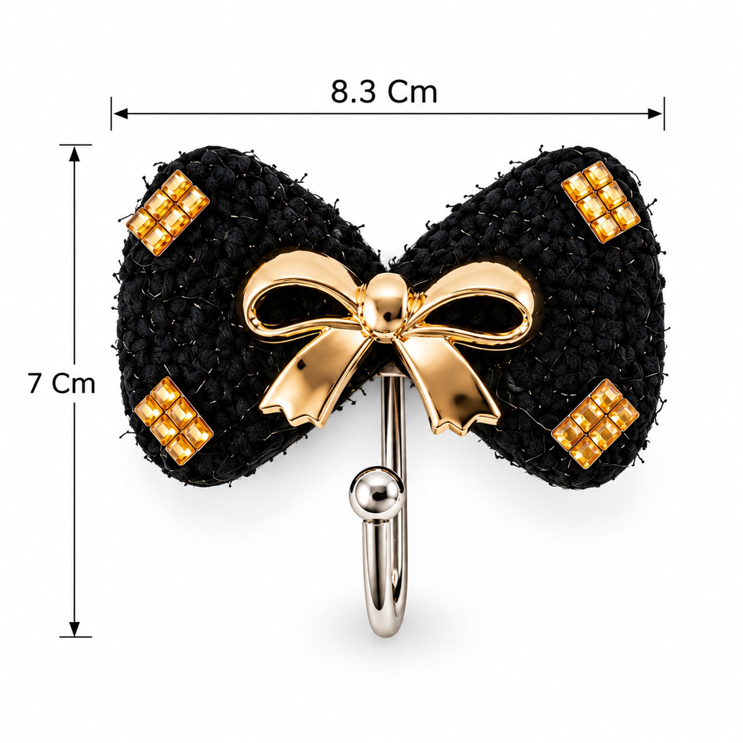 A single black bow-shaped hook with gold details, displaying its dimensions of 8.3 cm width and 7 cm height.