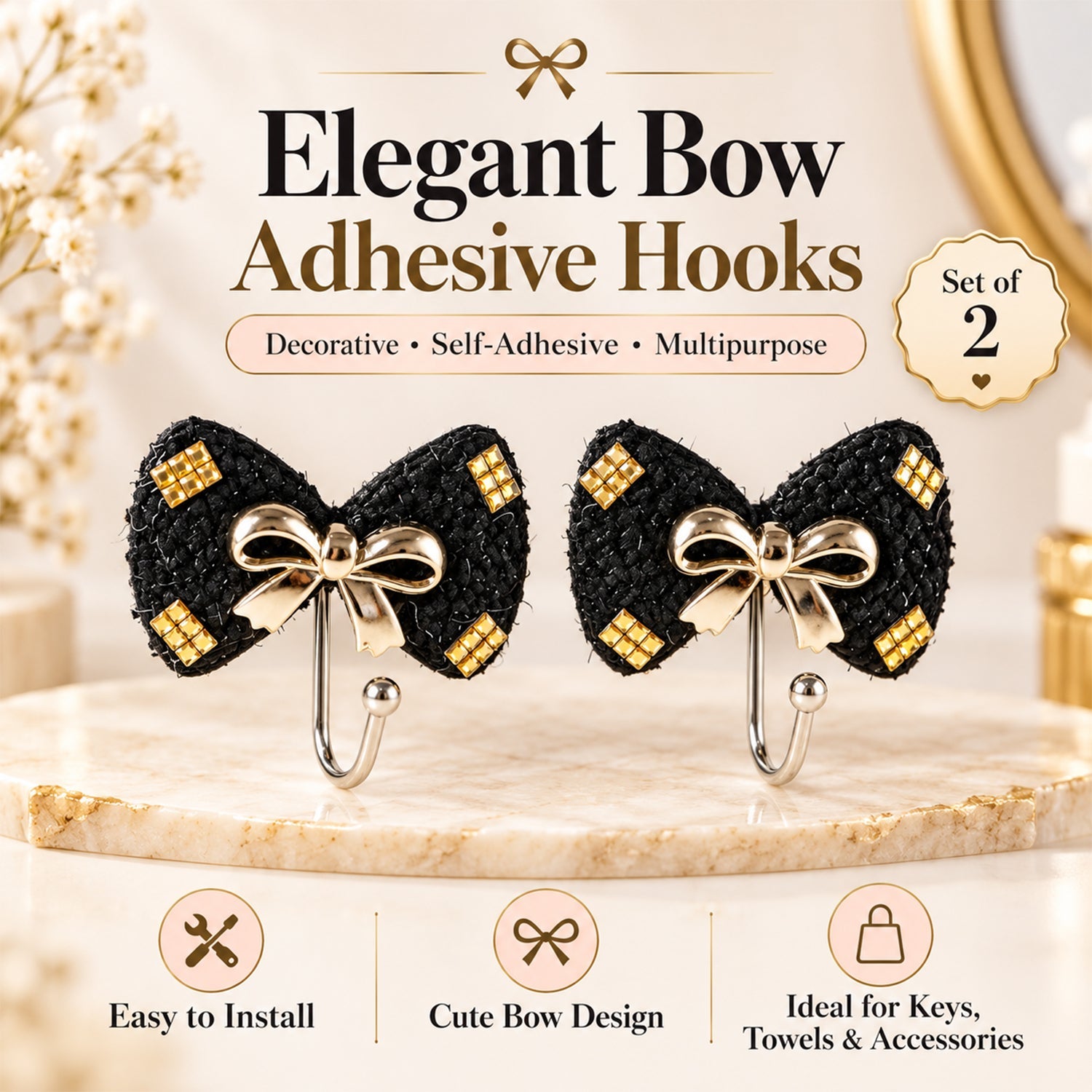 Two black bow-shaped hooks with gold accents on a marble surface, surrounded by decorative elements and text overlays.