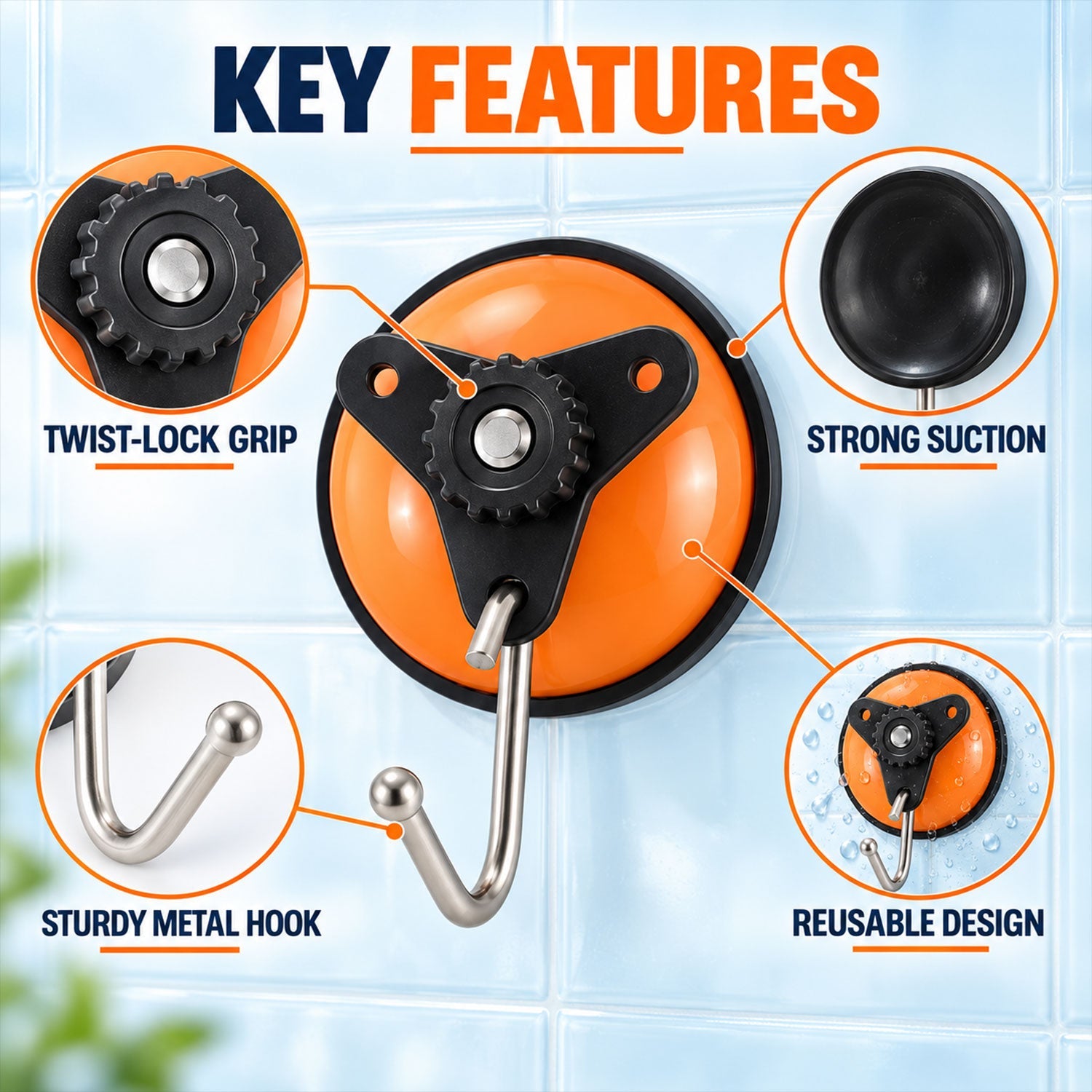 An orange suction cup hook with a black twist-lock grip, strong suction, sturdy metal hook, and reusable design highlighted