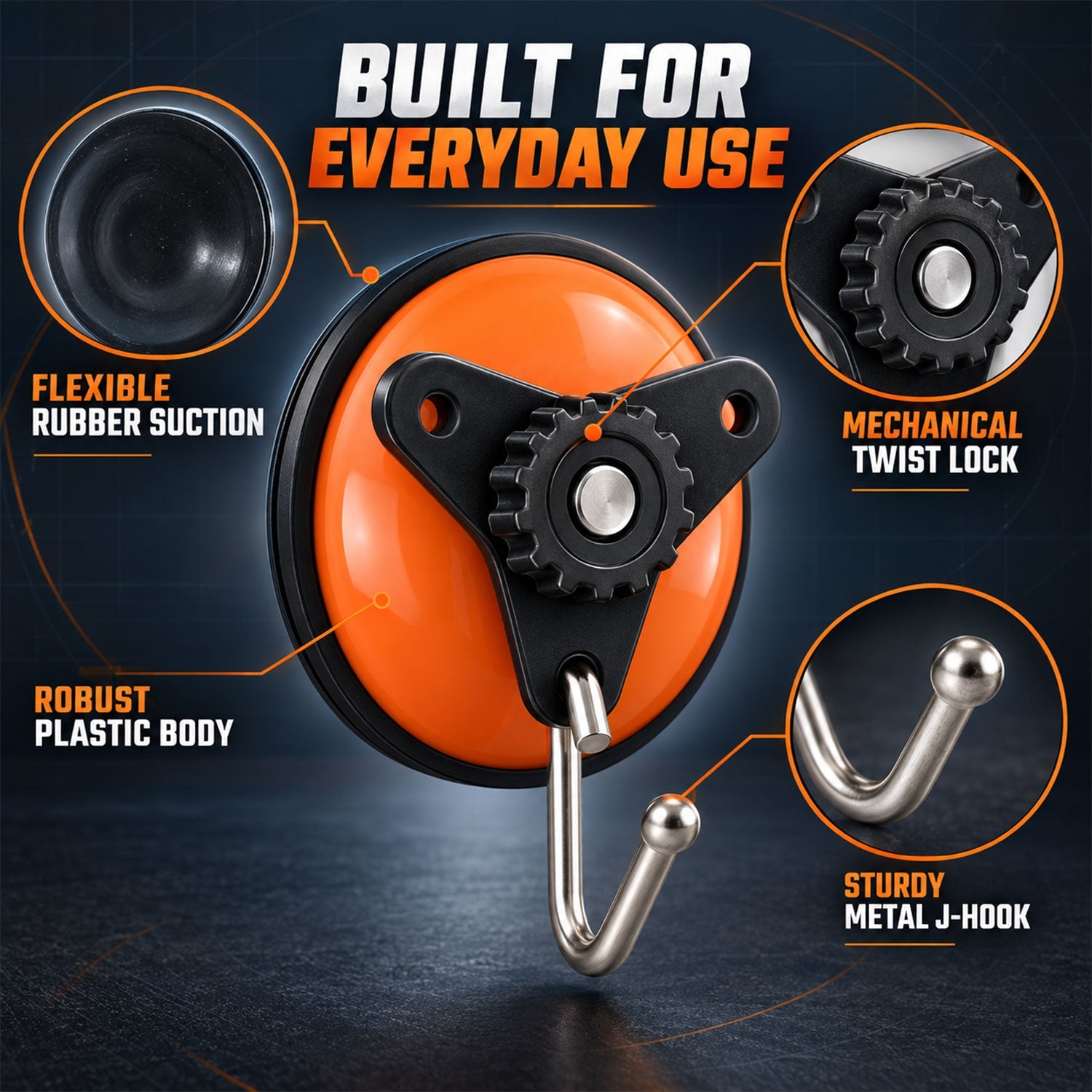 An orange suction cup hook with a black mechanical twist lock, flexible rubber suction, robust plastic body, and sturdy