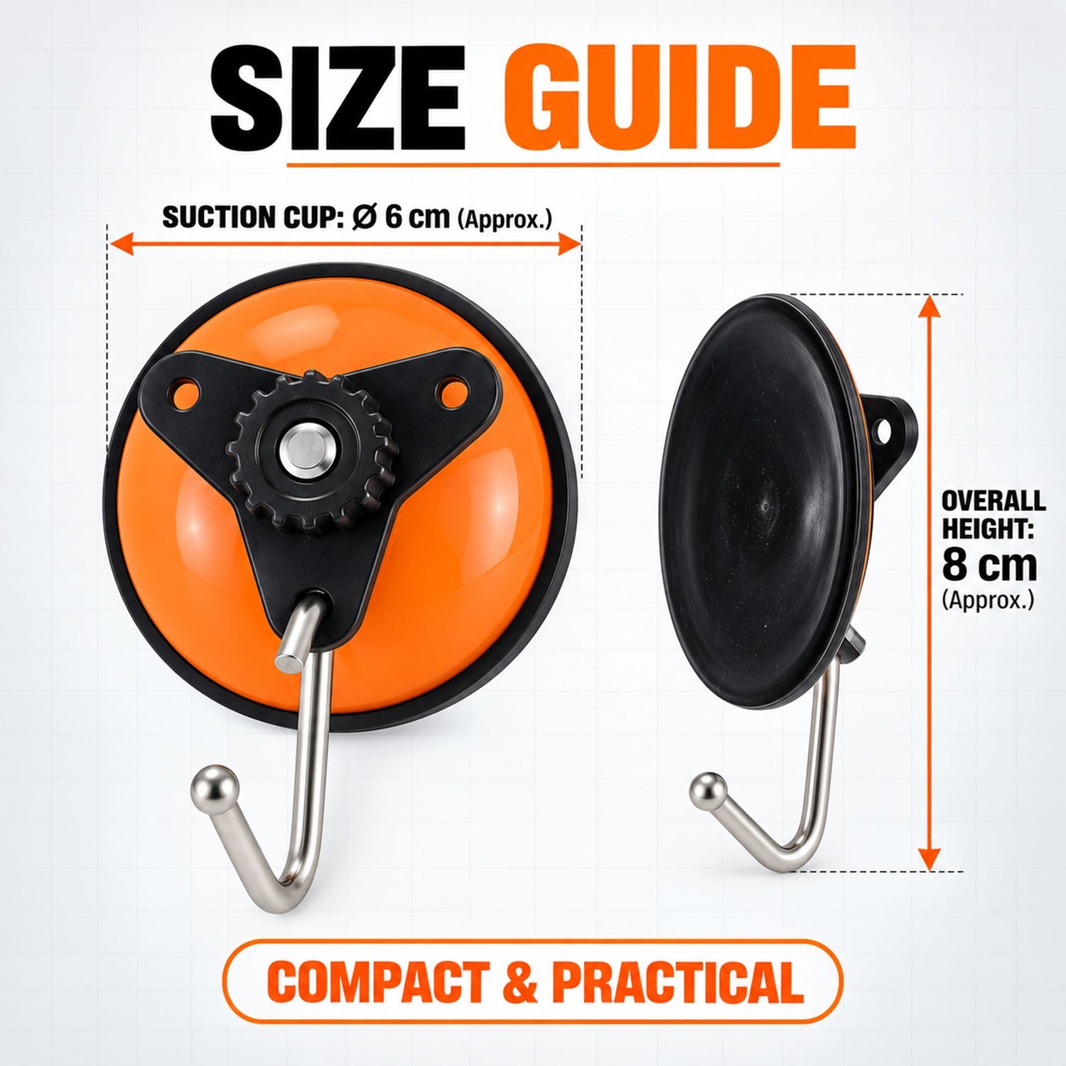 An orange suction cup hook with dimensions: 6 cm diameter for the cup and 8 cm overall height, labeled as compact and