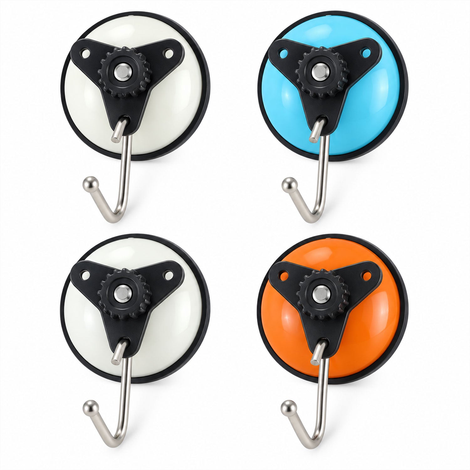A grid of four suction cup hooks in white, blue, and orange colors, each with a black twist mechanism and a silver hook.