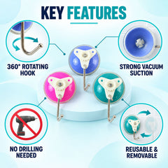 Diagram showcasing the key features of the suction hooks, including 360-degree rotation, strong vacuum, and no drilling