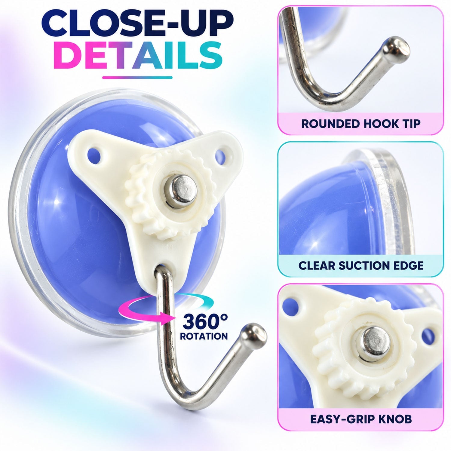 Close-up details of the blue suction hook, highlighting its rounded tip, clear edge, and easy-grip knob.