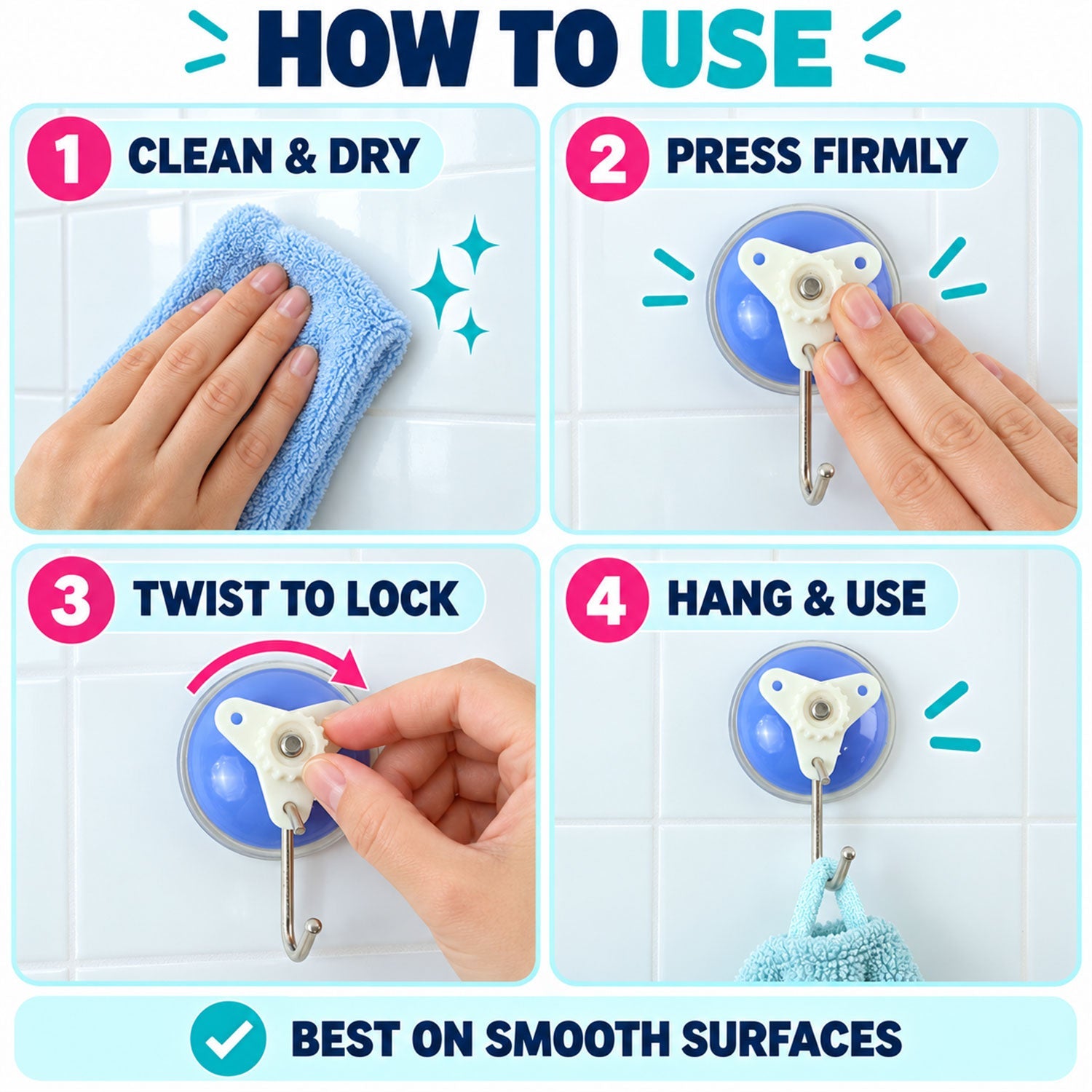 Four-step guide demonstrating how to use the suction cup hooks, from cleaning the surface to hanging an item.
