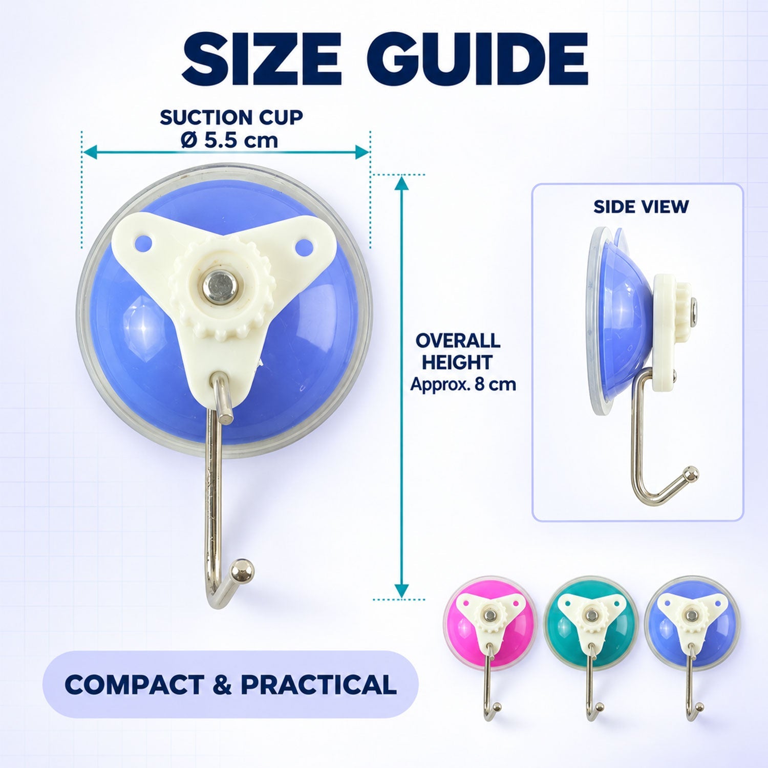 Size guide for the blue suction cup hook, showing its 5.5 cm diameter and 8 cm overall height, with side view.