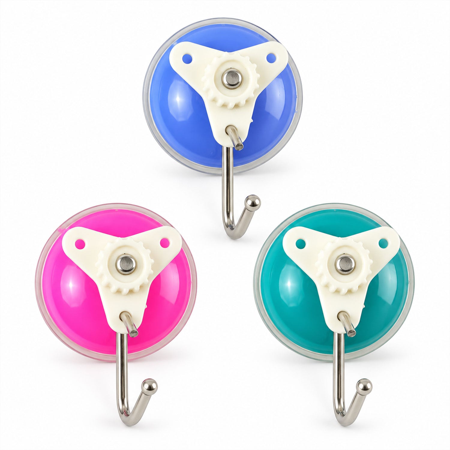 Three individual suction cup hooks in blue, pink, and teal, arranged on a clean white background.