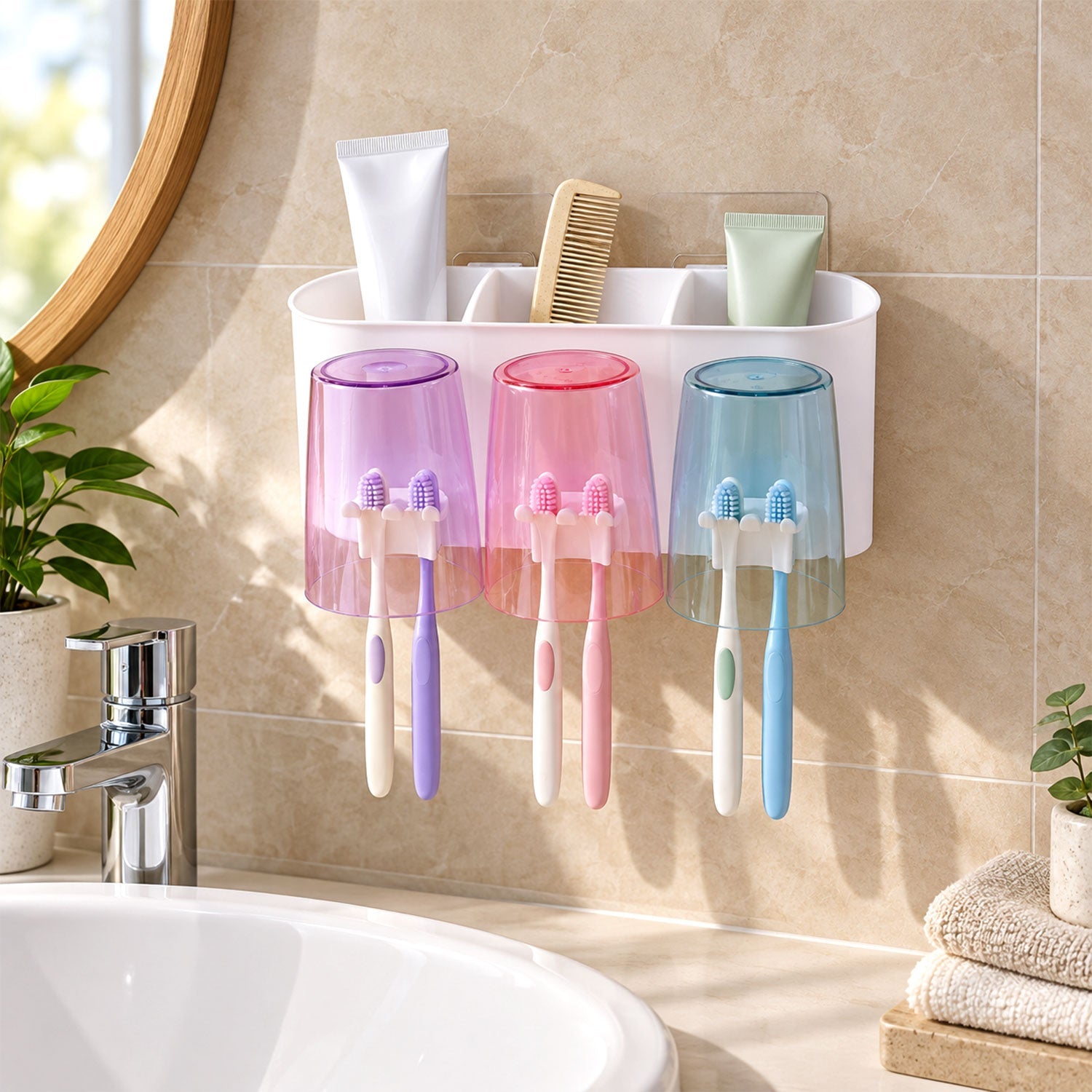 White wall-mounted organizer with three translucent cups in purple, pink, and blue, holding toothbrushes above a sink.