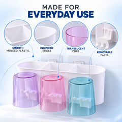 White plastic organizer with three translucent cups in purple, pink, and blue, highlighting smooth edges and removable parts.