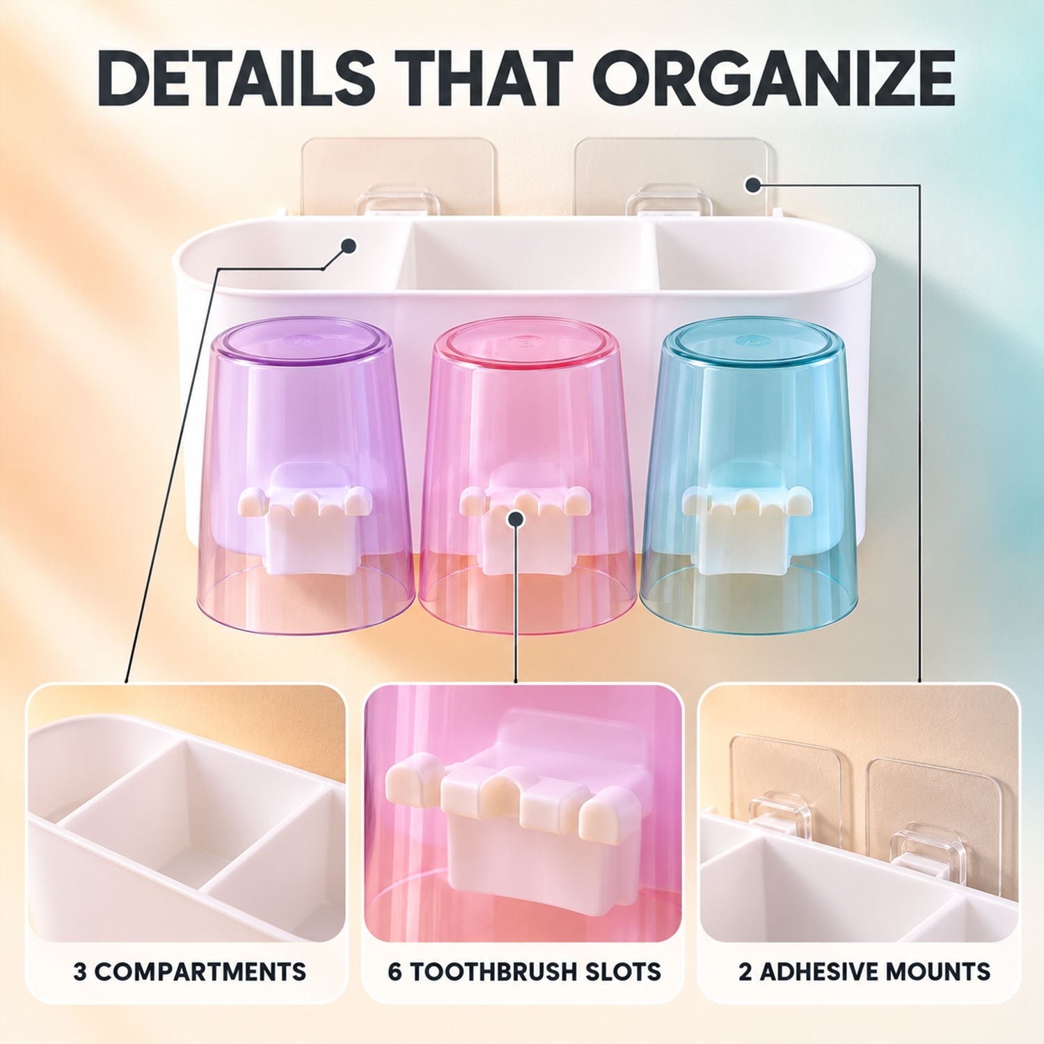 White wall organizer with three compartments and three colored cups, showing six toothbrush slots and two adhesive mounts.